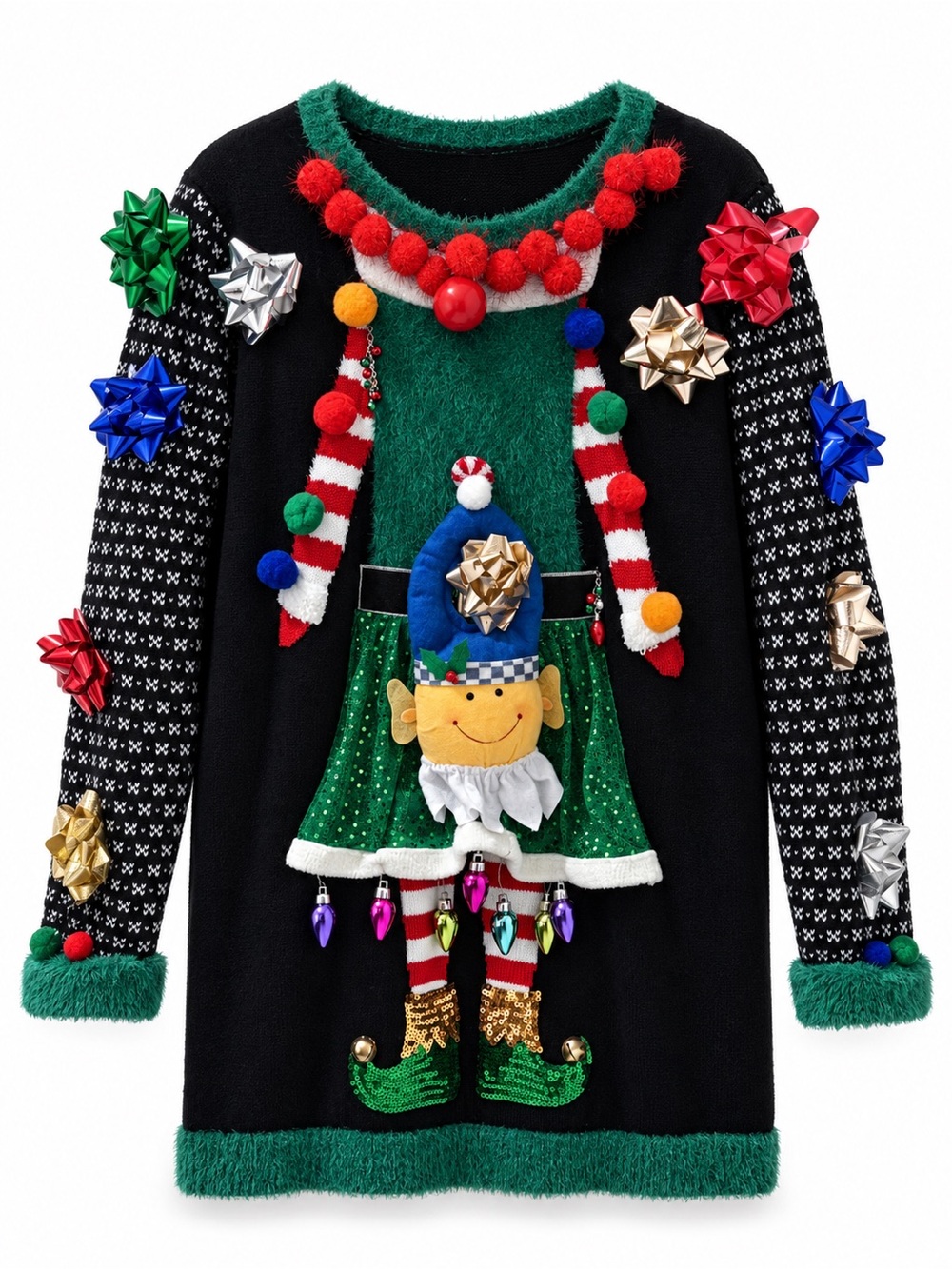 Ultimate Santa 3D Elf Ugly Christmas Sweater Dress Black Green XMAS